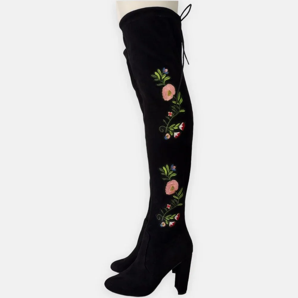 Top Moda Black Suede Floral Embroidered Over The Knee Boots 8.5
